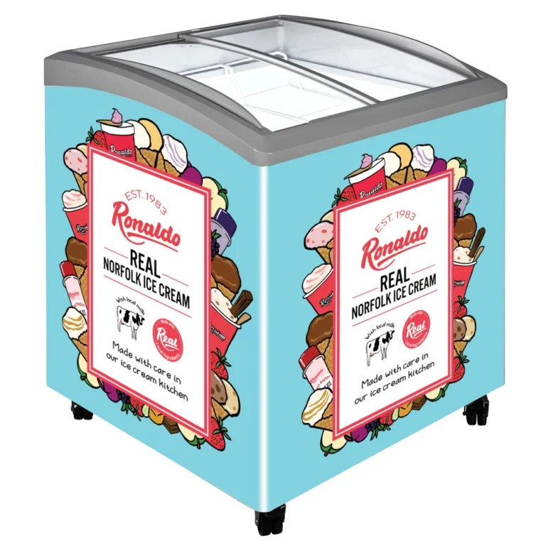 Ronaldo ice cream freezer with colorful graphics.