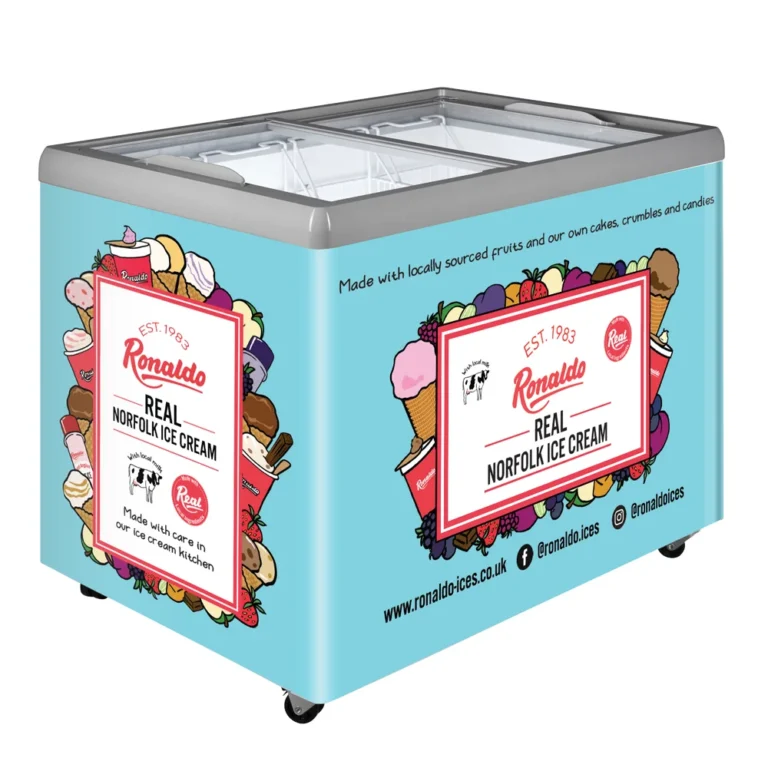 Ronaldo ice cream freezer with colorful branding