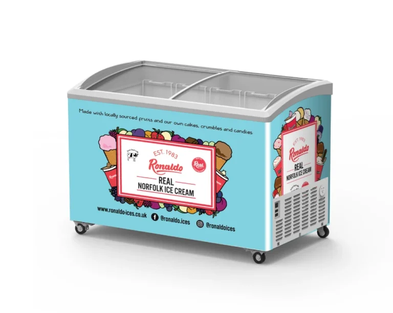 Ice cream freezer with colorful decals and branding.