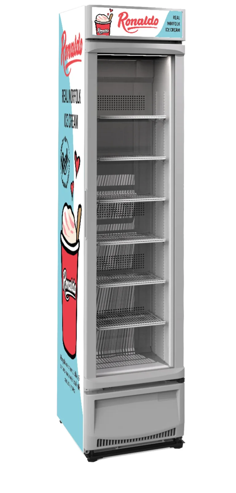 Ronaldo ice cream freezer display, empty shelves.