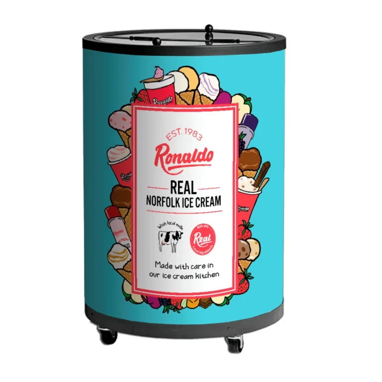 Ronaldo Norfolk ice cream container with various flavors.