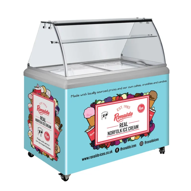 Ronaldo ice cream freezer with colorful graphics.